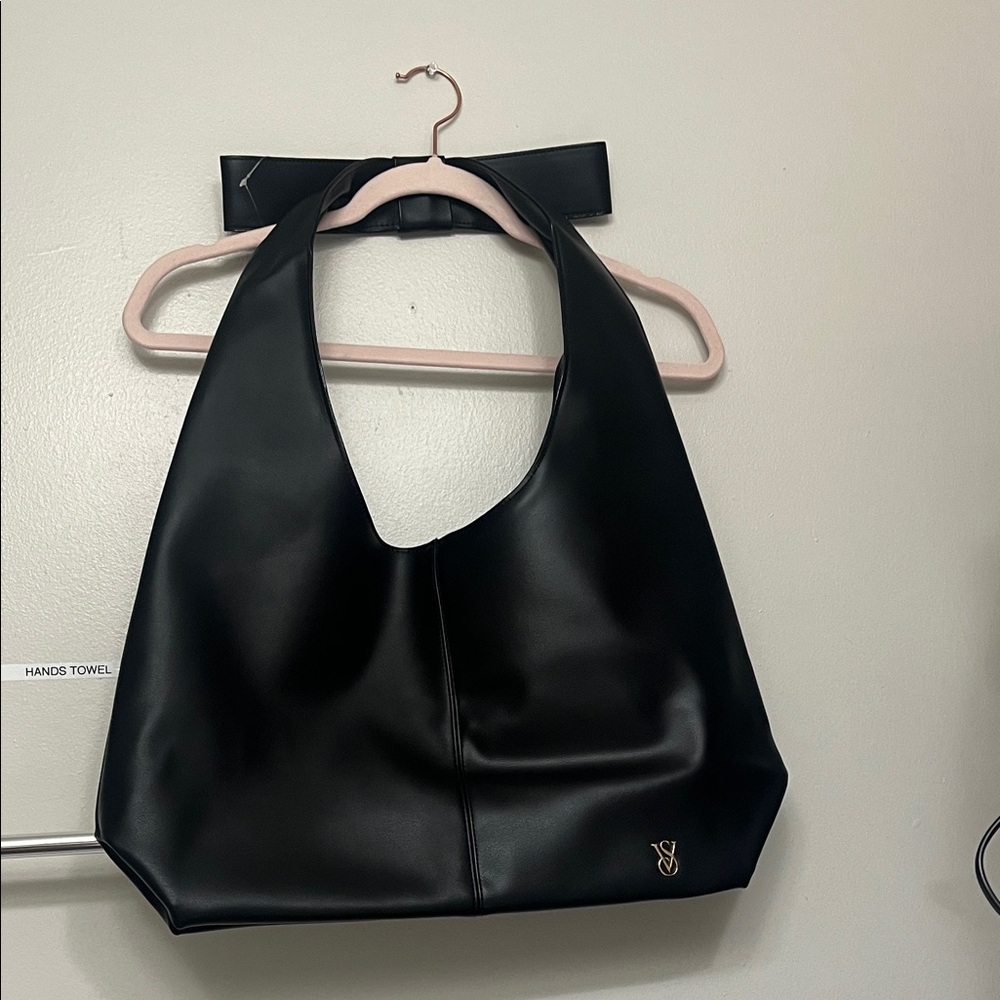 Victoria's Secret Black Vegan Leather Shoulder Bag with Gold Logo